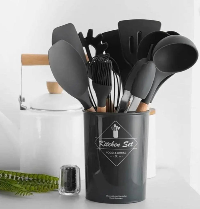 Kit C/12 Peças Utensílios De Cozinha Colheres Espátula Silicone Cabo Madeira