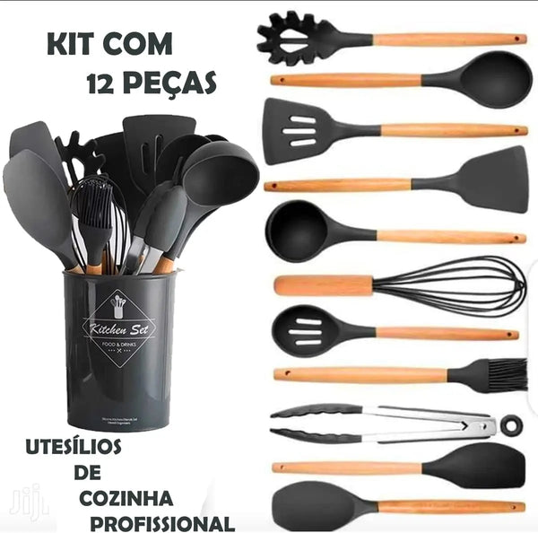 Kit C/12 Peças Utensílios De Cozinha Colheres Espátula Silicone Cabo Madeira