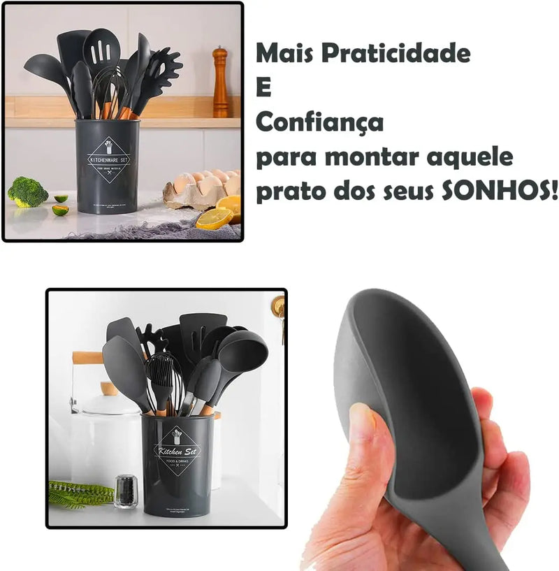 Kit C/12 Peças Utensílios De Cozinha Colheres Espátula Silicone Cabo Madeira