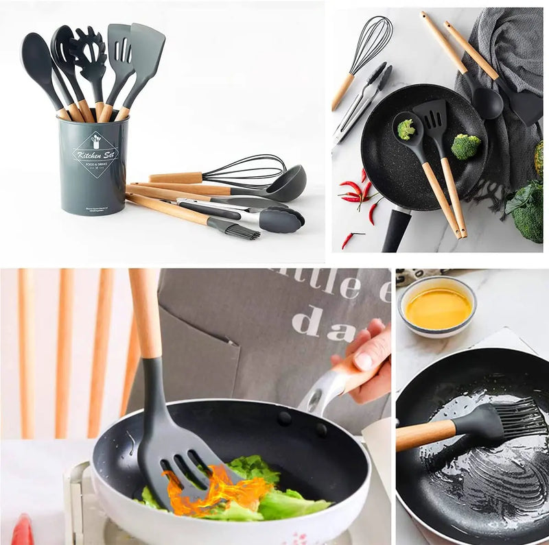 Kit C/12 Peças Utensílios De Cozinha Colheres Espátula Silicone Cabo Madeira